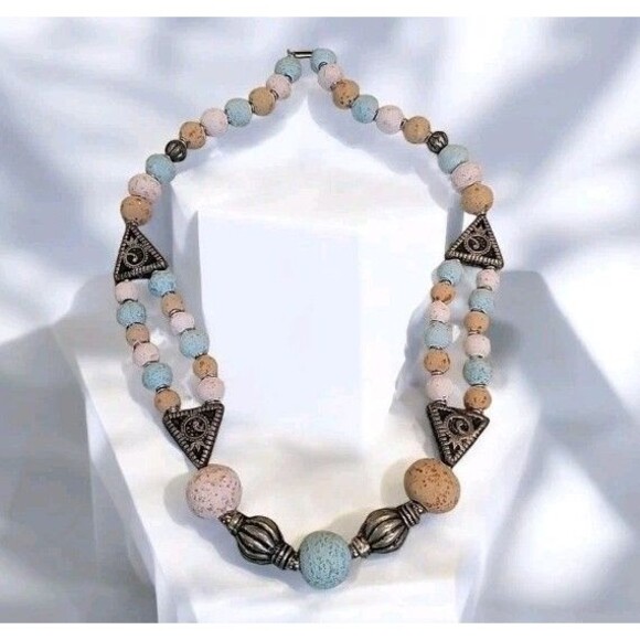 Ethnic Chunky Clay Beaded Boho Necklace Turquoise Pink Terracotta Clay 20 " - Picture 1 of 8